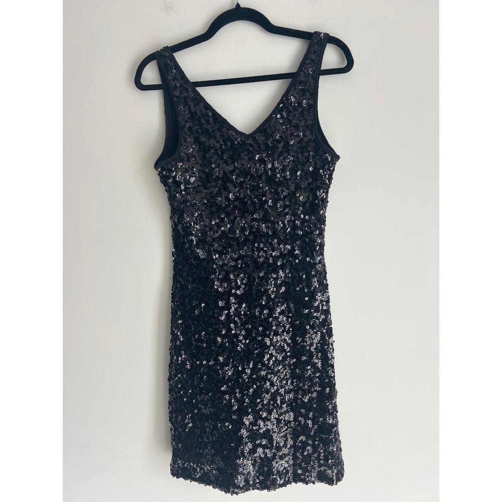 INC Sexy Black Sequin V-Neck Mini Dress Sleeveless Medium Retro Party Dance - Picture 3 of 6